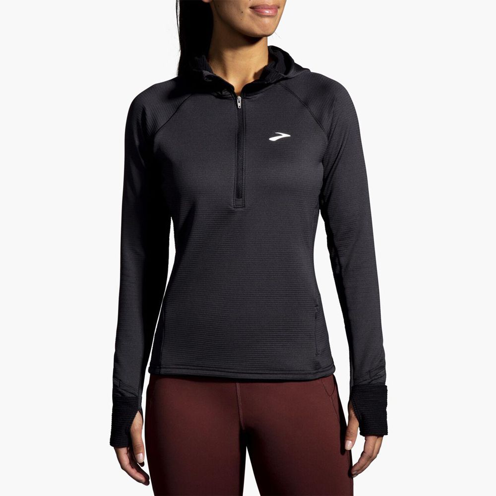 Black Brooks Womens Notch Thermal Hoodie 2.0 Top | YAK-769132