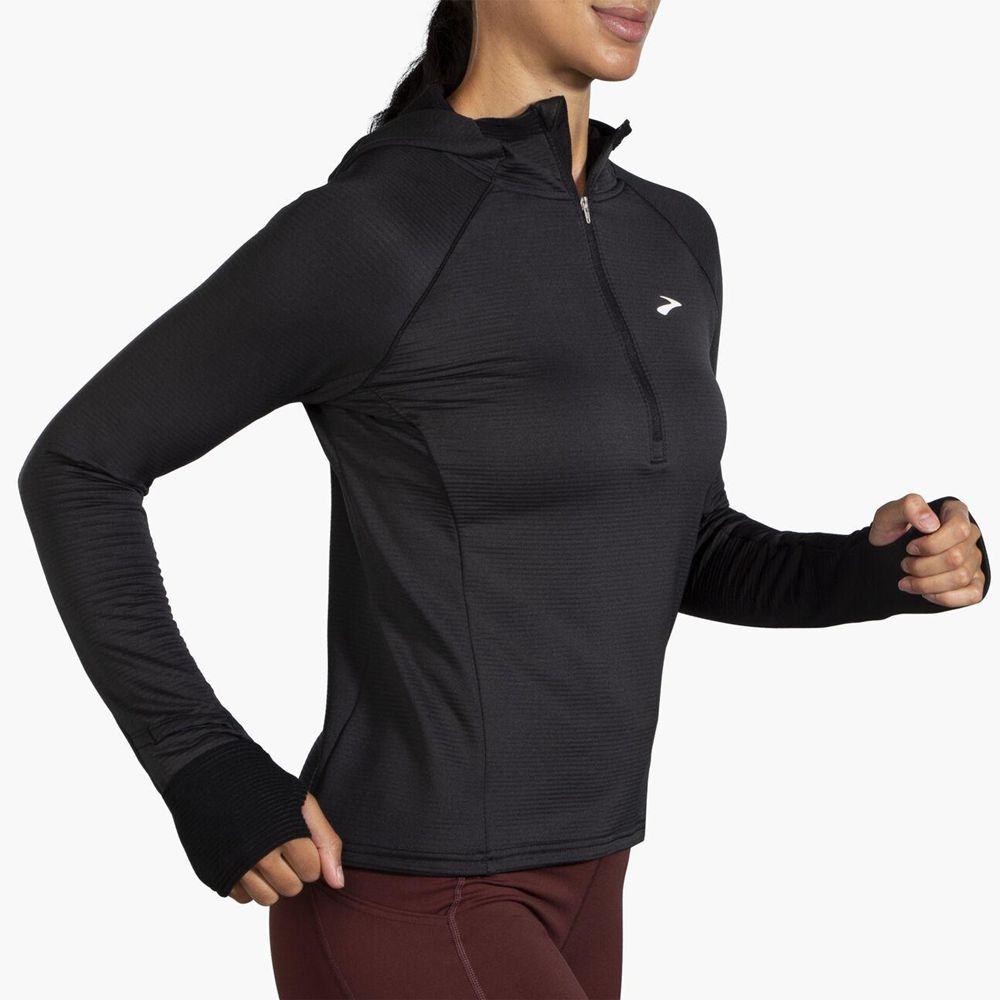 Black Brooks Womens Notch Thermal Hoodie 2.0 Top | YAK-769132